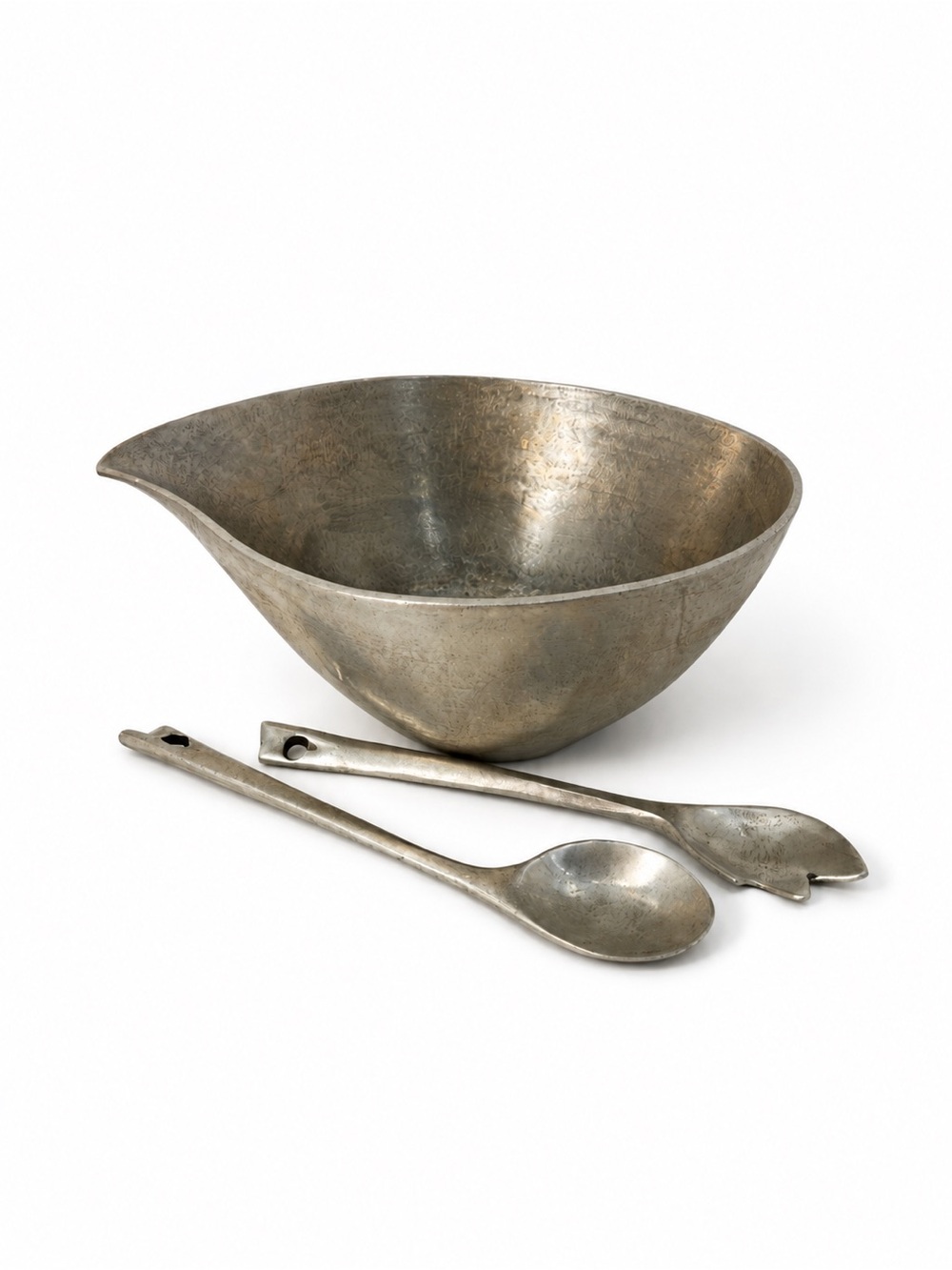 Bruce Cox biomorphic aluminum salad utensils hand made hammered